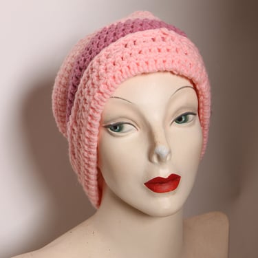 1970s Handmade Crochet Pink Striped Winter Stocking Cap Hat 