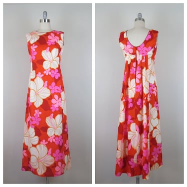 Vintage 1960s Hawaiian dress, barkcloth, floral, watteau back, maxi, cotton 