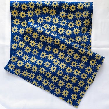 block printed linen table runner. gold blue starburst. entertaining. hostess gift. tablecloth. christmas party. holiday decor. mod boho. 