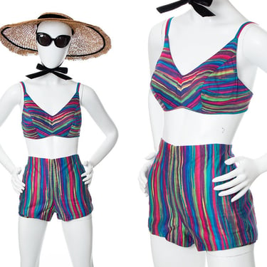 Vintage 1950s 1960s Bikini | 50s 60s Striped Cotton Underwire Bra Top High Waisted Shorts Two Piece Swimsuit (xs/small) 