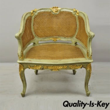 Antique French Louis XV Victorian Distressed Green Gold Gilt Cane Bergere Chair