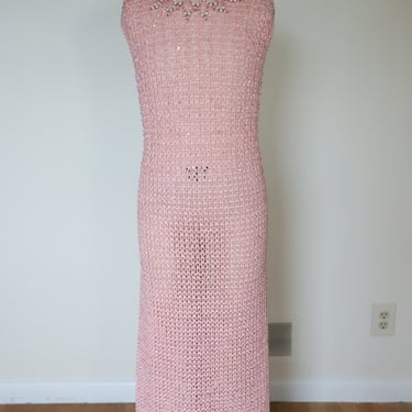 1960s Made in Italy Hand Crochet Heavy Weight Pearl Beaded Cocktail Dress
