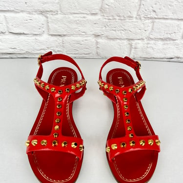 PRADA Calfskin Studded Sandals, Size 37.5/US 7.5,  Red
