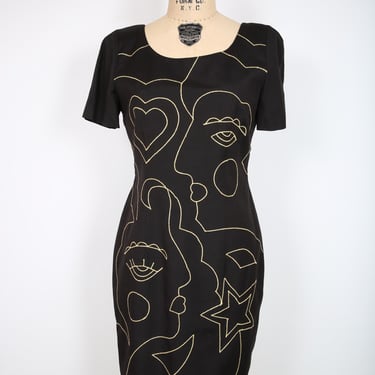 80s 90s Vintage Black Dress with Gold Embroidered Faces Streetwear Office Modern Summer 