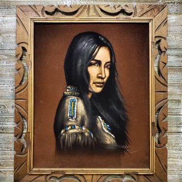 Vintage Black Velvet Painting, Native American Oil Painting, Signed Indian Girl Framed Art, Retro Kitsch Home, Vintage Wall Hanging Decor 