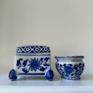 Chinoiserie Blue and White Ceramic Mini Planter and Box 