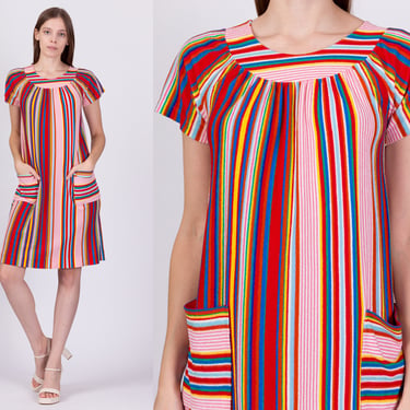 70s Rainbow Striped Terrycloth Dress - Extra Small | Vintage Boho Loungewear Beach Towel Dress 