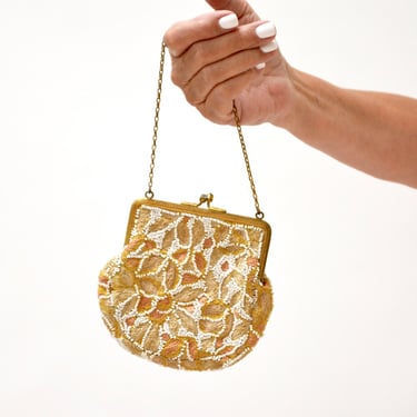 VIntage Beaded Handbag Purse Bag// Vintage Art Deco Beaded Embroidered Evening Bag Coin Purse Wedding Bag White and Cream 