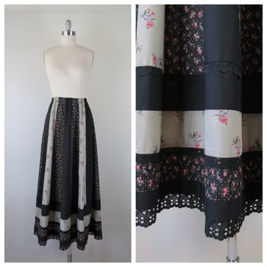 Vintage 1970s patchwork maxi skirt, calico, ditsy floral, cottage, prairie 