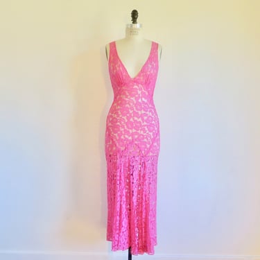 1930's Fuchsia Hot Pink Lace Bias Cut Long Dress Nightgown Art Deco Style 30's Spring Summer Dresses Body Con Size Small 
