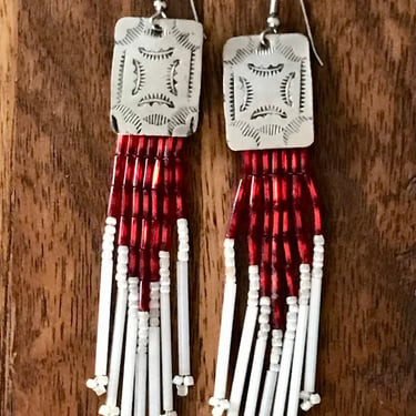 Vintage Etched Silver Earrings Red White Beads Southwestern Handmade Jewelry 1970s Boho 