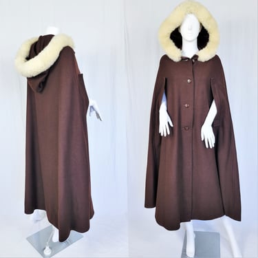 1970's Hooded Brown Wool Maxi Cape with Shearling Trim I Sz Med I Wood Nymph I Kate Bush 
