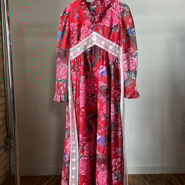 Sm Med, 1970s Hartsville Maxi Dress, Floral and Birds, Hippie, P 