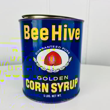 Antique (1940s) Beehive Golden Corn Syrup tin, with lid, 5 lb size, "free hockey pictures" ad, for vintage farmhouse decor, collection, gift 
