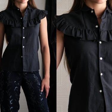 Vintage 1980s Pierre Cardin Black Linen Ruffled Neckline Sleeveless Button Up | Collared Ruffled Cape Blouse | 1980s Designer Blouse Top 