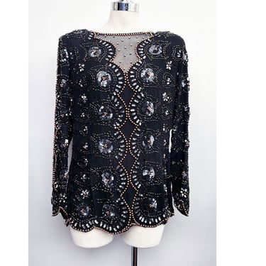 Near Mint Beaded OLEG CASSINI SILK Blouse Top Evening Party Tunic Vintage 1980's Rhinestones Sequins Pearls Glamour Formal Holiday Dress 