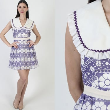 Sailor Collar Dress, Vintage Floral Print, 70s Purple Mini Sundress, Womens Sleeveless Sundress 