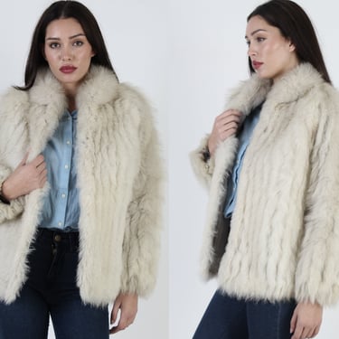 Arctic Fox Fur Coat / Real Fur Jacket With Pockets / Vintage 80s Off White Velvet Suede Inlay / Corded Shawl Collar Winter Jacket 