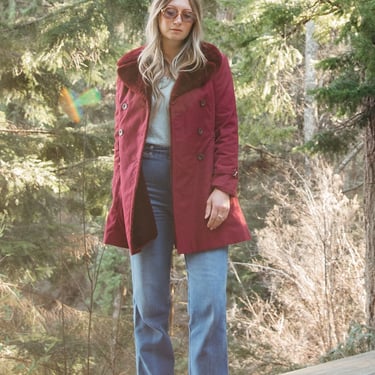 60s 70s Double Breasted Cotton + Faux Fur Coat, Magenta Belted Pea Coat 