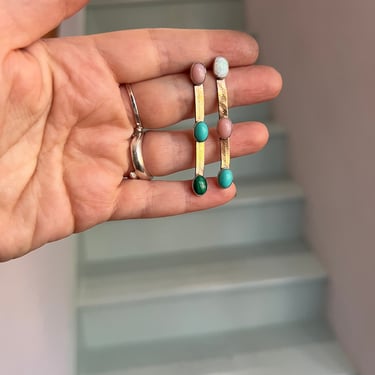 Herringbone Chain Dangles in 14k Gold with Sterling Silver bezels and and malachite, turquoise, pink and white opals handmade recycled chain 