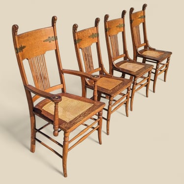 Set of 4 Antique Tiger Oak Dining Chairs with Rattan Seats, Arts and Crafts Style, Traditional, Kitchen, Dining Room 