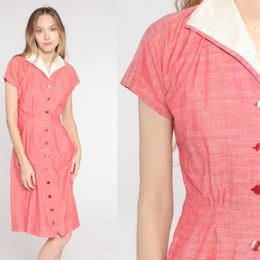 50s Shirtdress Woven Pink Day Dress Retro Rockabilly Collared Button Up Sheath Girly Pinup Knee Length 1950s Dress Vintage 60s Small S 