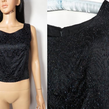 Vintage 60s Black Satin Tailored Top With Rainbow Tinsel Lurex Metallic Paisley Print Size S 