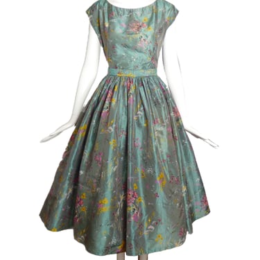 1950s Green Floral Tissue Silk 2pc Dress, Size-6