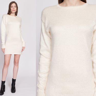 80s Evan Picone Diamond Knit Mini Sweater Dress Small | Vintage Cream Angora Slouchy Long Sleeve Pullover 