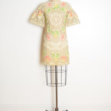 vintage 60s dress cream crochet lace hippie boho pastel mod mini bell sleeve XS clothing 