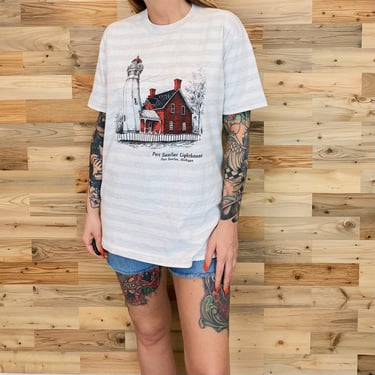 Striped Vintage Port Sanilac Michigan Lighthouse Travel Souvenir Tee Shirt T-Shirt 