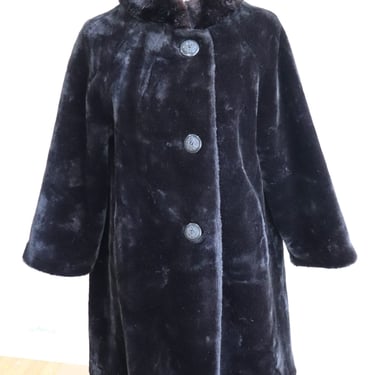 Vintage Faux Fur Knee Length Coat Black w/ Real Fur Collar Size Medium/Large Glamaseal Used 