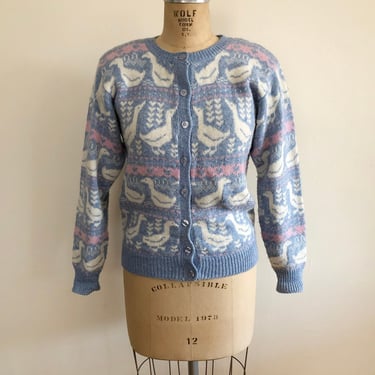 Pale Blue and Pink Duckling Motif Cardigan - 1980s 