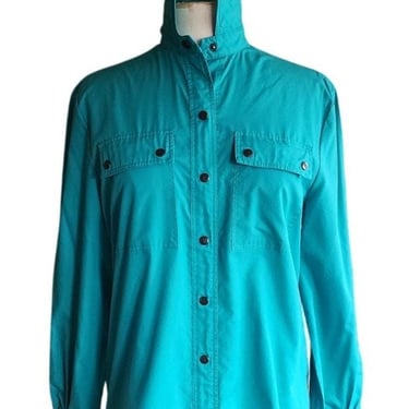 Vintage 70s Diane Von Furstenberg Shirt Blue Green Snap Front 