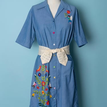 1970s Helen Cerda of Guadalajara Embroidered Chambray Day Dress with Covered Multi-Color Buttons 