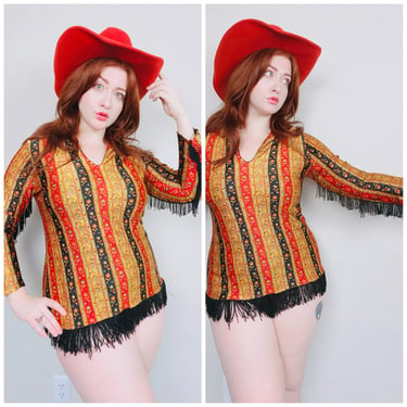 1970s Vintage Yellow and Red Floral Fringe Tunic / 70s Fringed Micro Mini Poly Knit Dress / Size Small - Large 