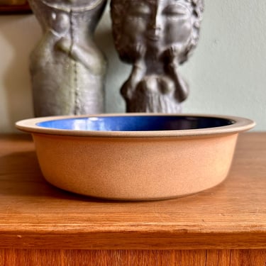 Vintage Heath 9" rim serving bowl in moonstone and nutmeg / discontinued baker form / California pottery in blue and brown 