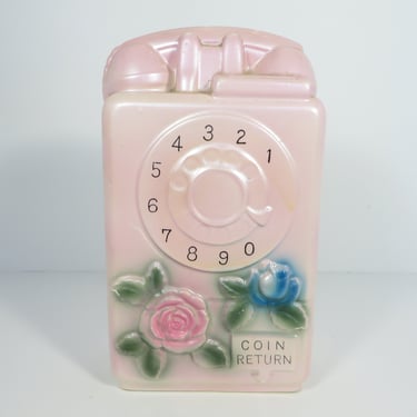 Vintage Pearly Pink Telephone Ceramic Bank - Vintage Pink Phone Coin Return Bank 