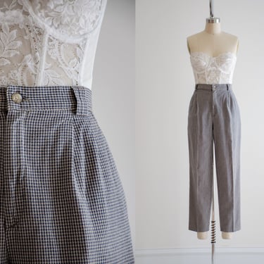 high waisted pants | 80s 90s vintage Savane beige navy houndstooth plaid checkered pleated dark academia cotton trousers 