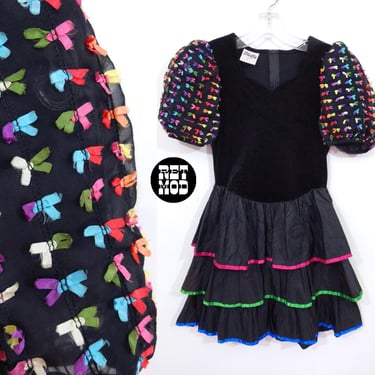 Teen Size - Cute Vintage 80s Black Velvet Ruffle Party Dress with Baby Bows 