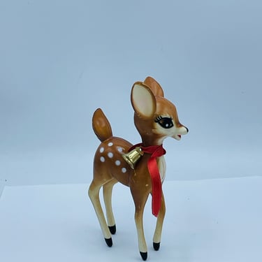 Vintage Hard Plastic Big Eye Deer Figure Bell Reindeer Figurine Bambi Christmas 