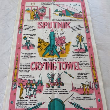 Vintage Sputnik Linen Crying Towel - E. Sutton NY 1957 Pink Sputnik Crying Towel 