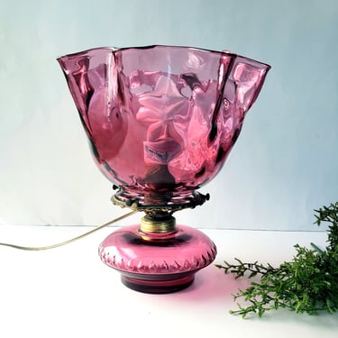 Antique Art Glass Fenton Cranberry Lamp Lighting/ Blown Glass Ruffled Shade/ Electrified Oil Lamp/Victorian Decor/ Dimpled Pattern 