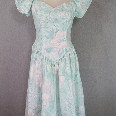 1980s Floral Party Dress- Puff Sleeve- Cottage Core- Spring Pastels, Pink, Mint, Purple 