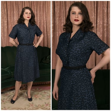 1950s Set - Smart Vintage 50s Black and Blue Short Sleeve Blouse and Skirt Suit in Animal Spots Style Print 