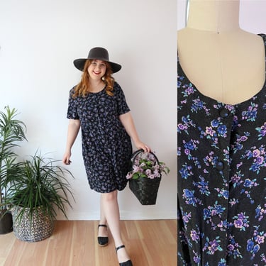 SIZE XL Maternity 90s Black Floral Romper OH Mamma - Button Front Romper Shorts Tie Back - Ditsy Floral Purple 