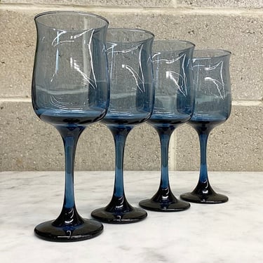 Vintage Wine Glasses Retro 1990s Contemporary + Blue Glass + Set of 4 + Stemware + Modern Barware + Serving Drinks + Colored Glassware 
