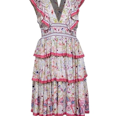 Taj by Sabrina Crippa - Ivory, Pink, & Multi Color Floral Ruffle Trim Dress Sz M