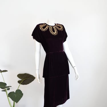 1940s Plum Velvet Dress - M 