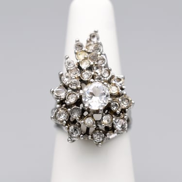 60's 18k HGE rhinestone Ana BeKoach size 6.75 cocktail ring, heavy white gold electroplate icy crystal waterfall ring 
